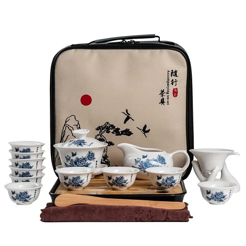 Bärbar keramisk te -utsättning kinesisk kung fu teaset tekanna resenare teaware med väska teaset gaiwan te koppar te ceremoni