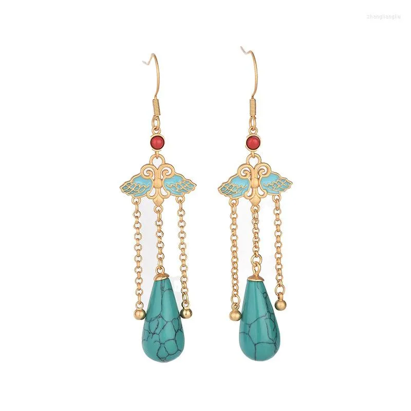 Dangle Earrings Chinese Style Cheongsam Vintage Wing Drop Natural Jade Gold Tassel Jewelry For Women Wedding