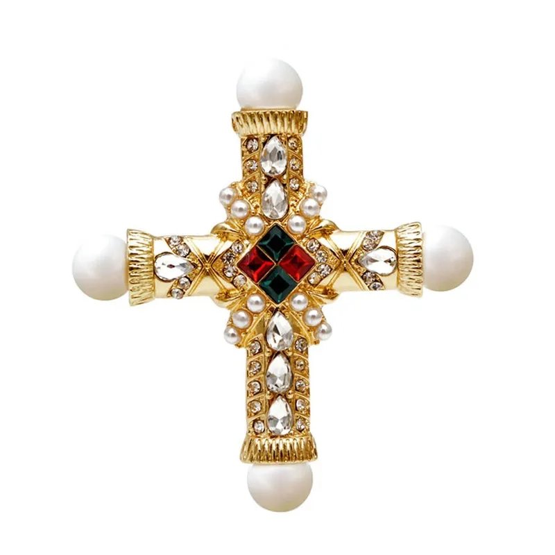 Cindy Xiang Nova chegada Pérola Rhinestone Barroco Cross Brooch Mulheres e homens unissex Pin Fashion Vintage Gold Color Gift