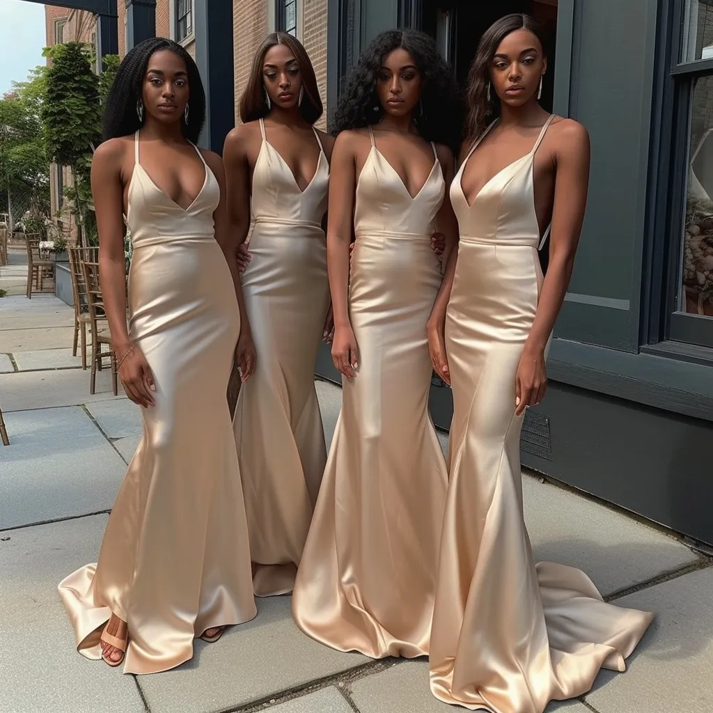 V Neck Satin Mermaid Satin Champagne Bridesmaid Dresses With Champagne Finish And Straps From Classicalforever 98.52 DHgate.Com