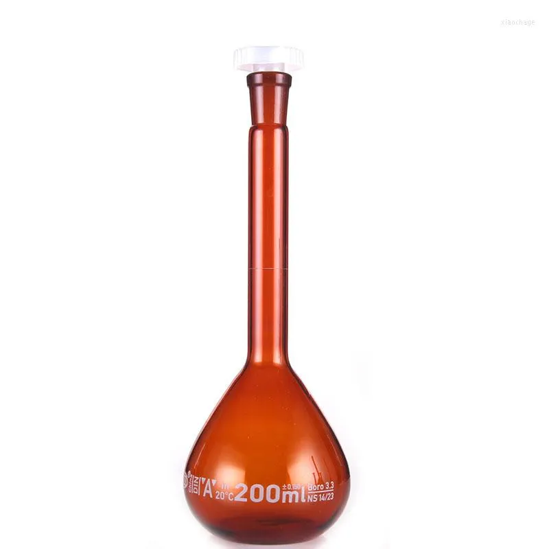 Flacon jaugé en verre borosilicaté de laboratoire brun de 200 ml avec bouchon en plastique chimie de bureau fourniture de verrerie transparente