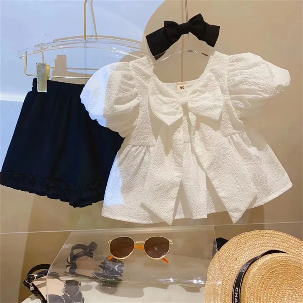 Kleidung Sets Süße Sommer Mädchen Prinzessin Kleidung Set Baby Kinder Kinder Bogen Kurzarm T-shirt Shorts Hosen 2 stücke Anzug Outfits ADK2616 230520