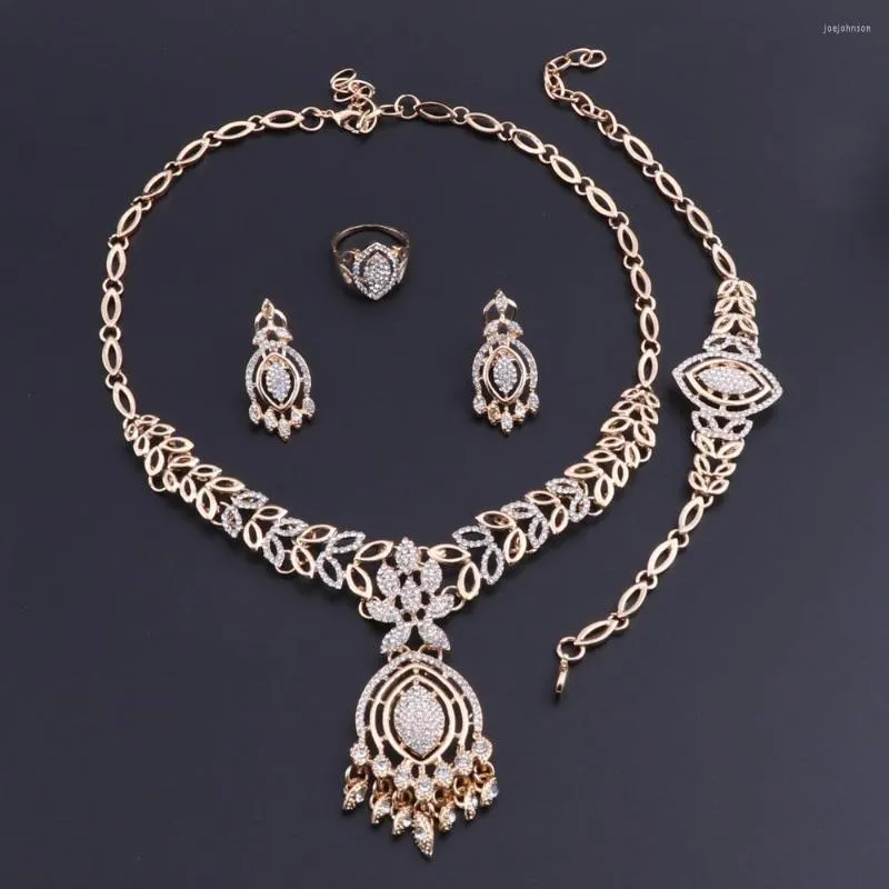 Halskette Ohrringe Set OEOEOS Dubai Braut Kristall Afrikanische Perlen Schmuck Gold Farbe Frauen Nigerian Schmuck
