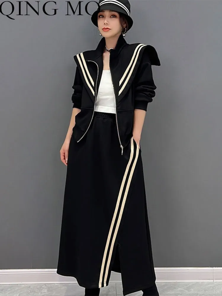 Tvådelad klänning Qing Mo Women Navy Style Stripe Zipper Cardigan Coat Elastic midja Oregelbunden delad kjol Set 2023 Autumn LHX1444A 230520