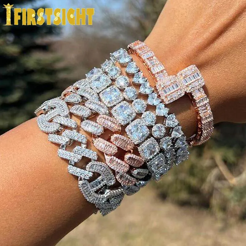 Bransoletki 2022 Nowy mrożony bling 15 mm bagietka cz kubańska łańcuch łańcucha linku Bransoletka dwukrotnie kolor 5a Bracelety Hip Hop Men Men Jewelry