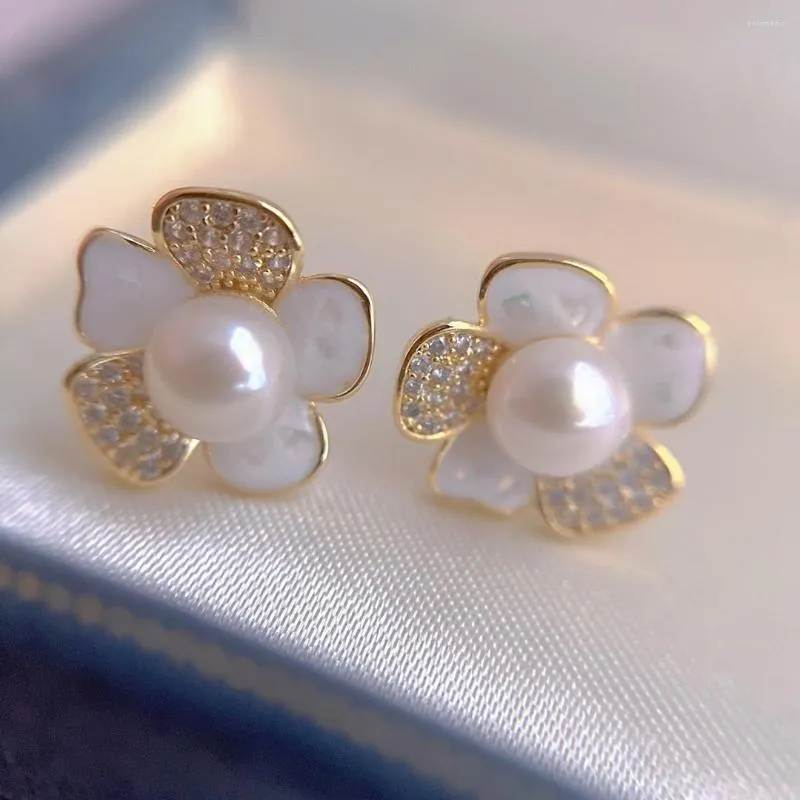 Boucles d'oreilles perle d'eau douce naturelle fleur à la mode brillant CZ Zircon 14k or rempli femme bijoux pour femmes cadeaux d'anniversaire