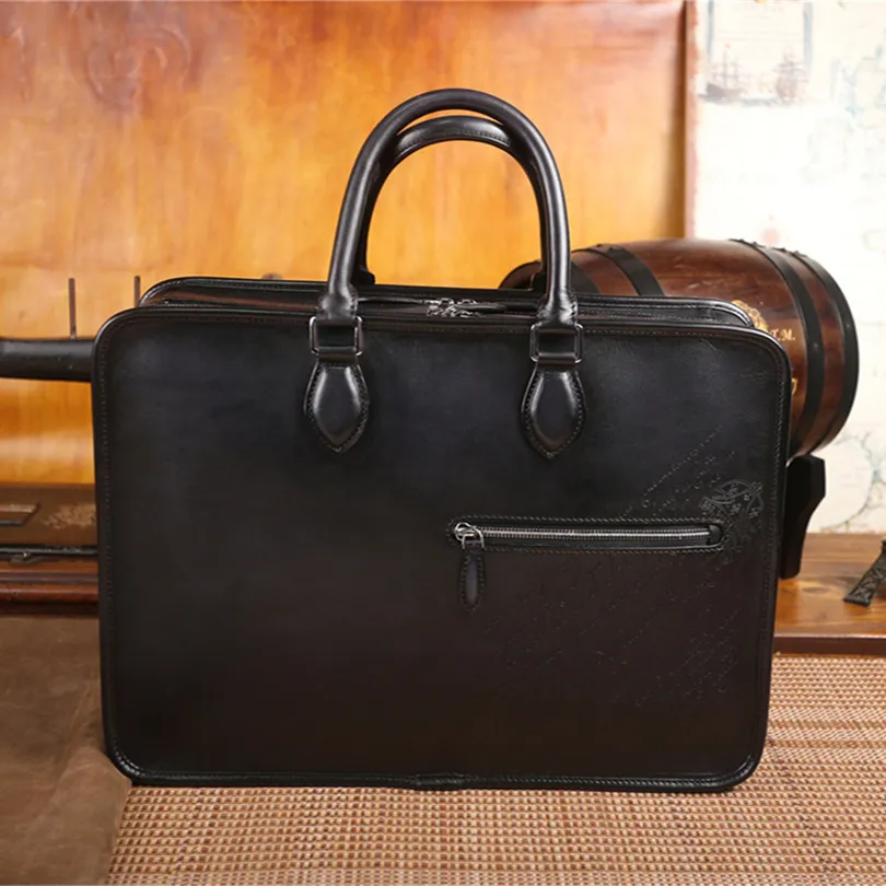 High End Leather Briefcase Double Layer Spacious Hand Painted Craftsmanship
