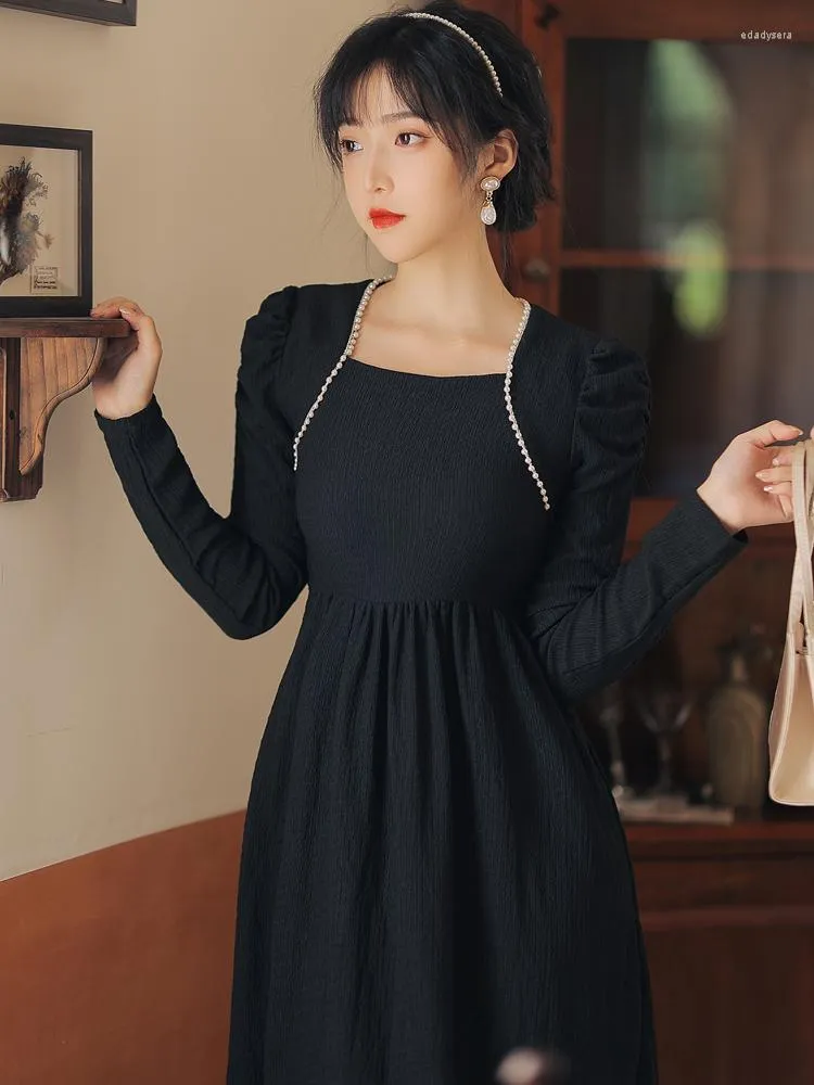 Vintage French Hepburn Style Black Midi Dress With Long Beaded Earrings  Square Neckline For Women Elegant And Chic Casual Wear For Autumn 2023 From  Edadysera, $32.87