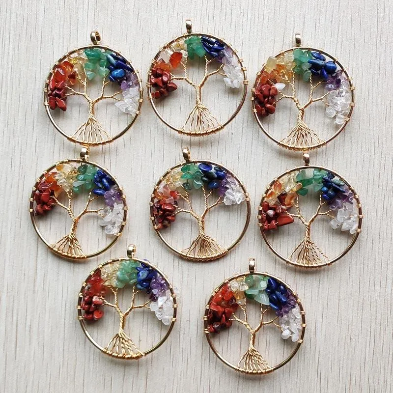 Pendant Necklaces Wholesale 8pcs/lot 7 Chakra Stone Tree Of Life Handmade Gold Plated Wire Wrapped Pendants 50mm For Jewelry Accessories