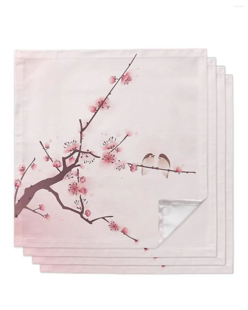 Table Napkin 4pcs Pink Flower Tree Bird Sparrow Ink Style Square 50cm Wedding Decoration Cloth Kitchen Serving Napkins