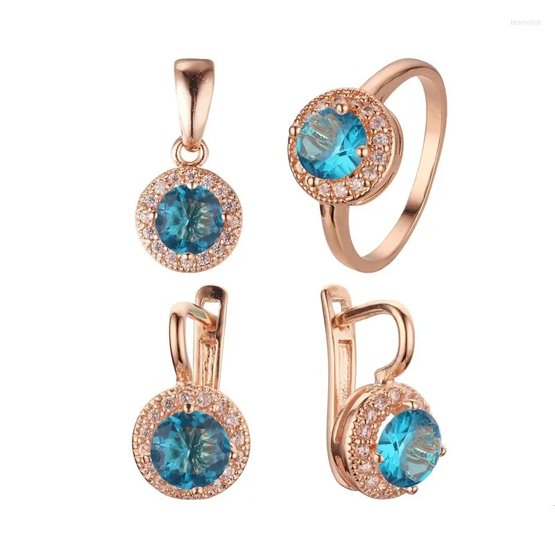 Necklace Earrings Set 2023 Luxury Jewelry Blue Stone Rose 585 Gold Color Women Accessories Office Style Ring Gift