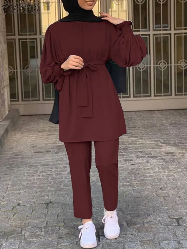 Ethnic Clothing 2PCS Women's Muslim Set ZANZEA Casual Dubai Set Islamic Apparel Elegant Long Sleeve Shirt Pants Set Solid City Track and Field Suit 230520
