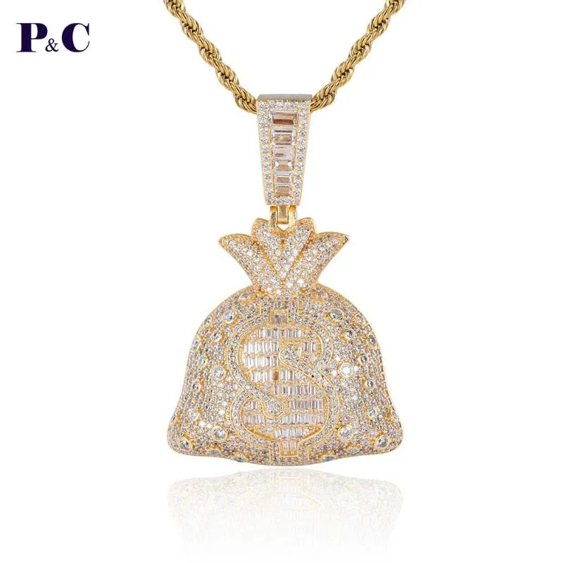 Подвесные ожерелья доллар мешок денег хип -хоп CZ Cone Paved Bling Iced Out for Men Chain Dewelry Drop