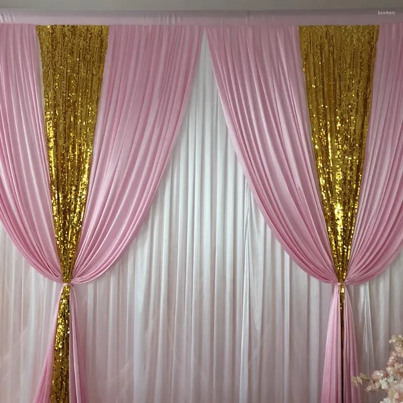Curtain 10ft X10ft White Pink Ice Silk Gold Sequin Drape Backdrop Wedding Birthday Party Decoration
