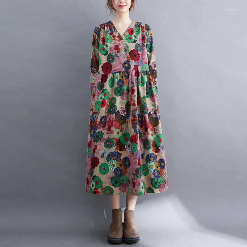 Casual Kleider Frauen Vintage Baumwolle V-ausschnitt Lose Langarm Drucken Floral 2023 Herbst Chinesischen Stil Süße Kleid