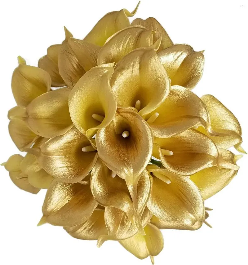 Dekoratif Çiçekler 20 PCS 14 "Gerçek Touch Pu Lateks Yapay Metalik Calla Lily Düğün Buketleri Centerpieces (18k Gold)