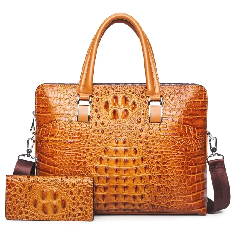 BRECHCASES Luxury 100% ko äkta läder Business Men's Portfölj Male Shoulder Bag Alligator Messenger Bag Tote Computer Handbag 230520