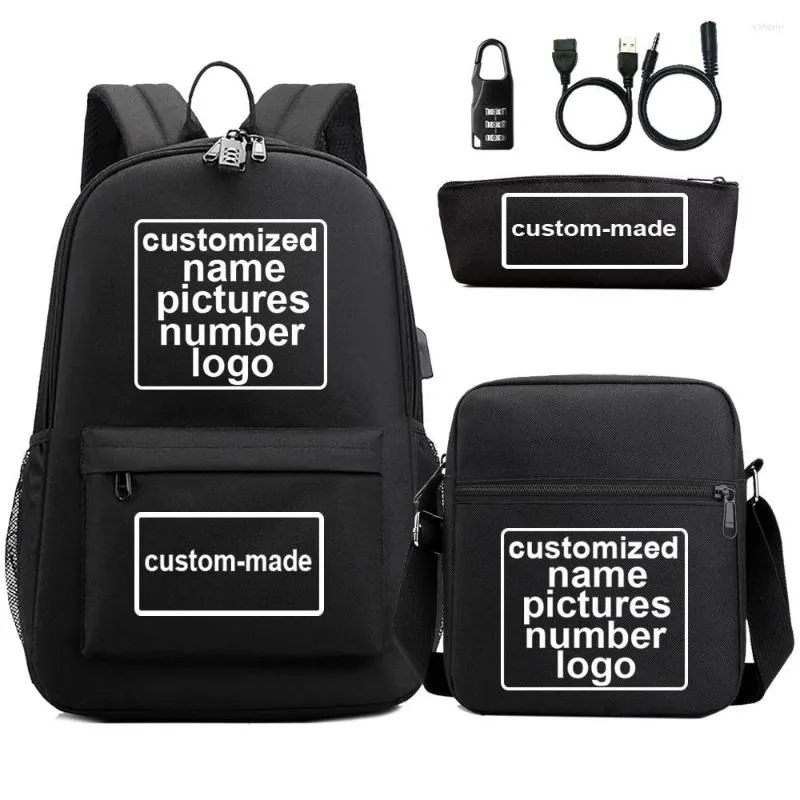 Backpack Custom-Made Customized Name Number Boy Book Bags Anti-Theft Lock USB Shoulder Bag Pen Three Sets For Men Women