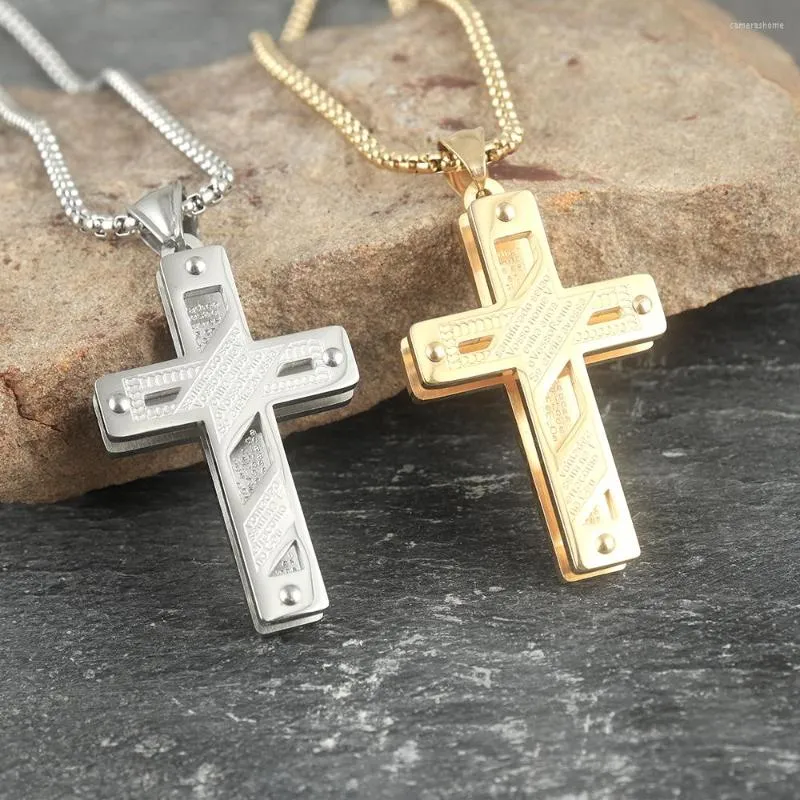 Collares colgantes de acero inoxidable cristiano religioso doble capa jesus bibble guión cross cristianismo creyente hiphop rapero