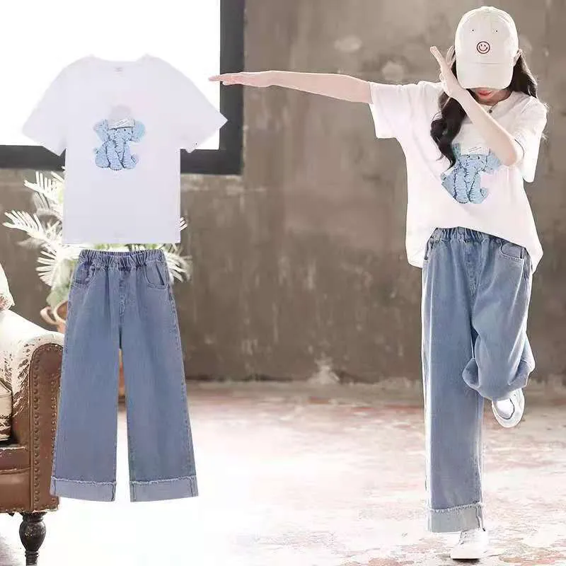 Girls Cartoon White Elephant T Shirt And Ladies Jeans Pant Set Wide Leg,  Demin Long Ladies Jeans Pant For Summer Teens 8 16 Years From Yao008,  $22.43