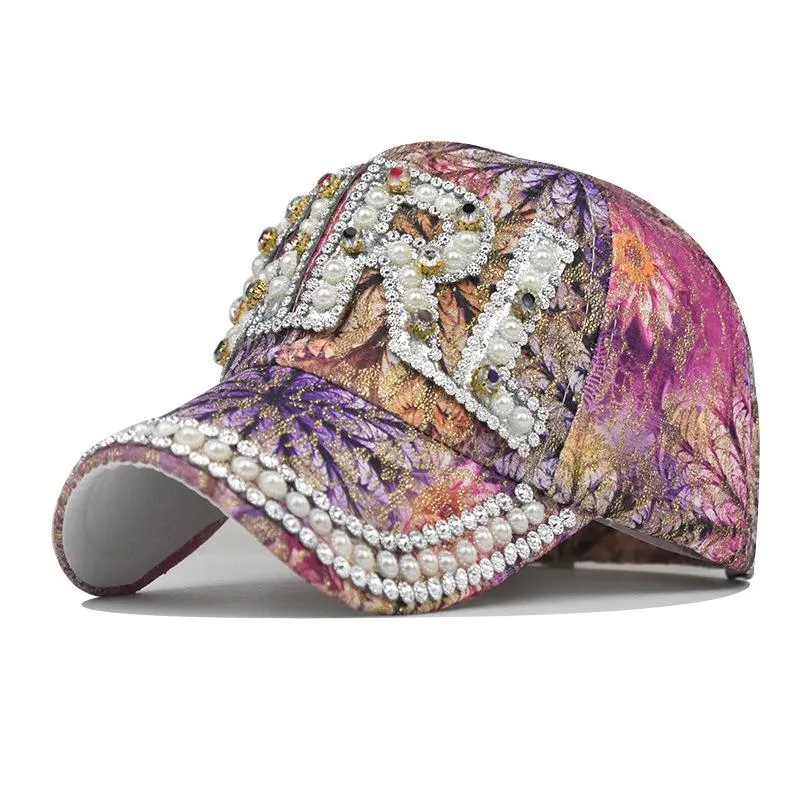 Cappellini da baseball Berretto da baseball con stampa colorata per donna Cappello alla moda Ragazza Gioielli di perle di cristallo lucido Donna estiva Snapback HatBall BallBall