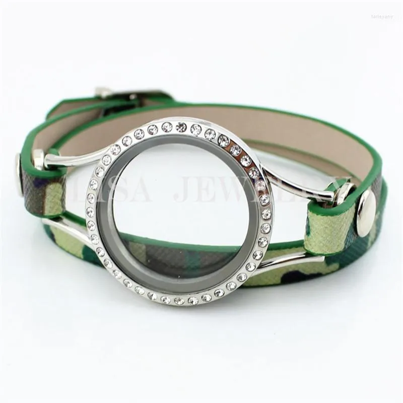 Armreif aus 316L-Edelstahl, Kristall, rund, Camouflage-Farbe, Leder, Wickelglas, schwimmendes Medaillon-Armband für Charms