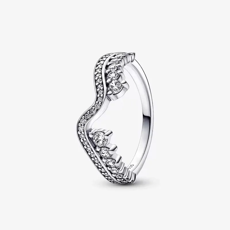 Sparkling Asymmetric Wave Ring for Pandora 925 Sterling Silver Wedding Rings designer Party Jewelry For Women Girlfriend Gift CZ Diamond ring with Original Box