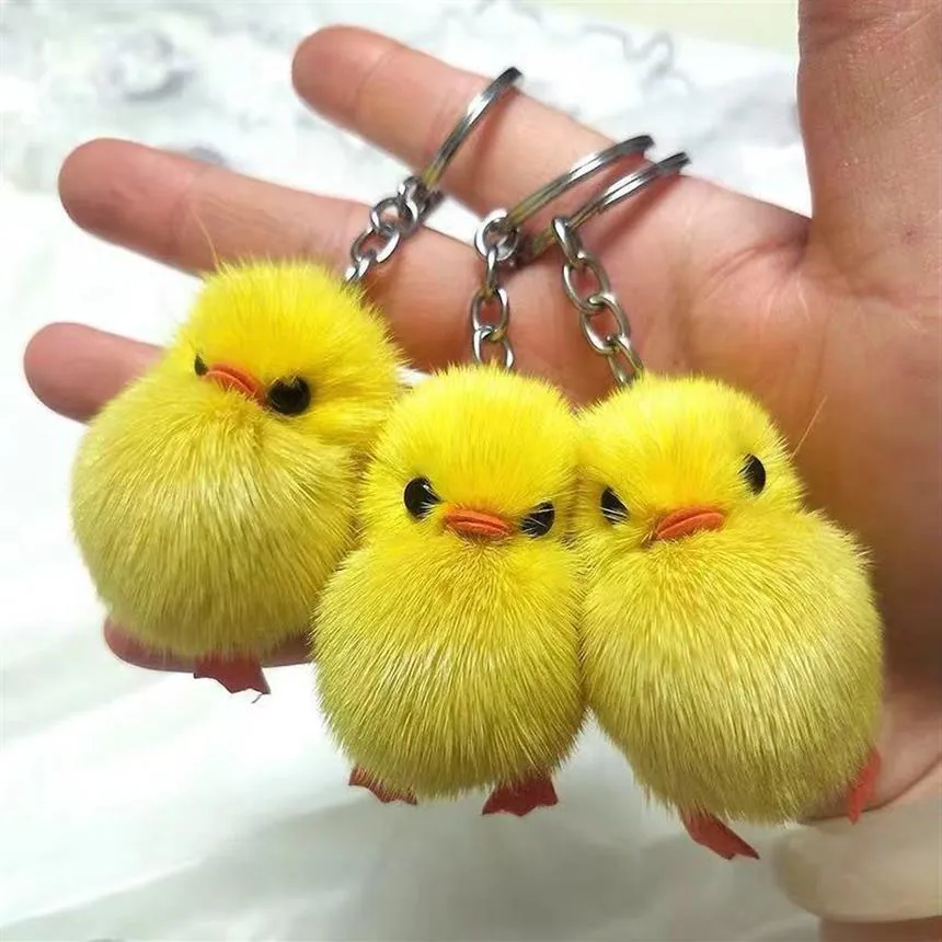 Keychains 2021 Keychain de pompom fofo Real Mink Mink Yellow Duck Car Key Pingente Animal Crianças Presentes de brinquedo para mulheres Bag245U