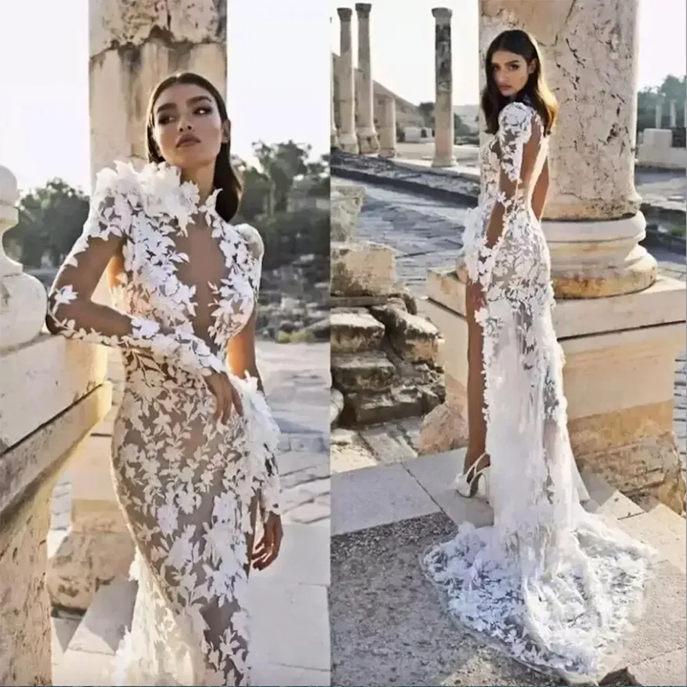 Saoudite sirène robe de mariée 2023 berta col haut côté fente illusion dentelle appliques à manches longues balayage train Boho robe de mariée