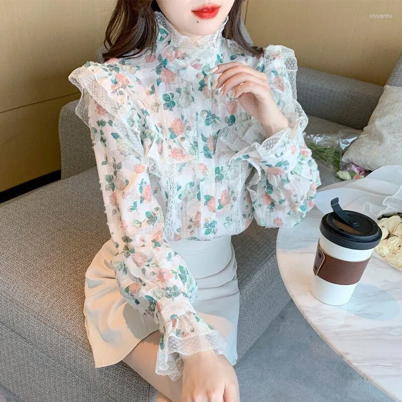 Women's Blouses 2023 Elegant Ruffles Spliced Folds Floral Blouse Women Clothing Summer Vintage Casual Long Lantern Sleeve Shirt F181