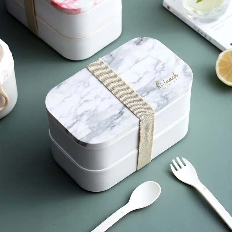 Dinnerware Sets Marble Pattern Lunch Box Kid Students 2-layer Bento Salad Fruit Bread Packaging Plastic Container Microwave Lunchbox