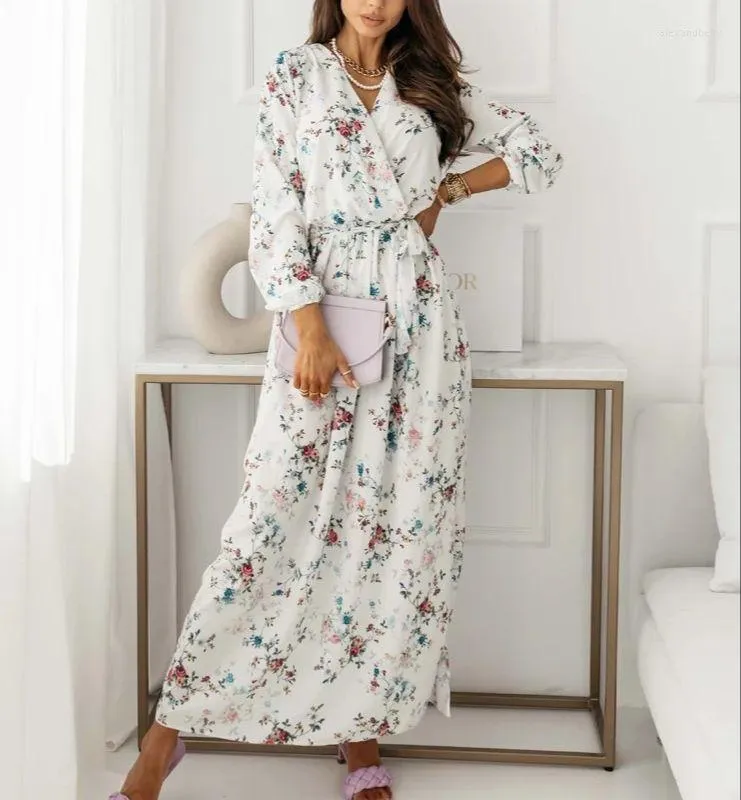 Casual Dresses 2023 Spring Summer Floral Print Maxi Dress Fashion Sexy V Neck Long Sleeve High Waist Belt Holiday Party Daily Wear