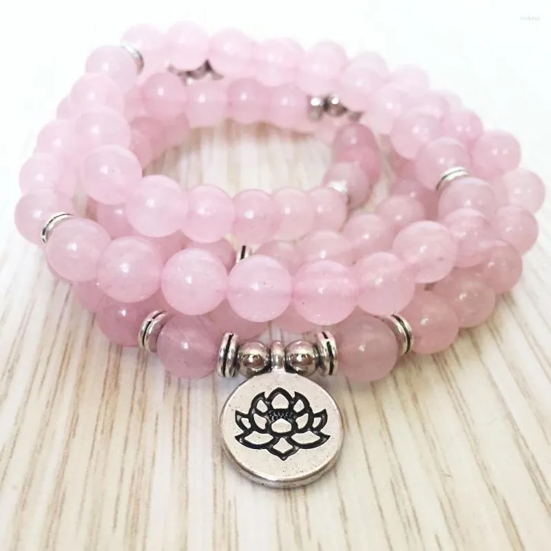 Strand 108 mala pärlor armband rosequartz halsband varna armband lotus hänge yoga kvinnors gåva