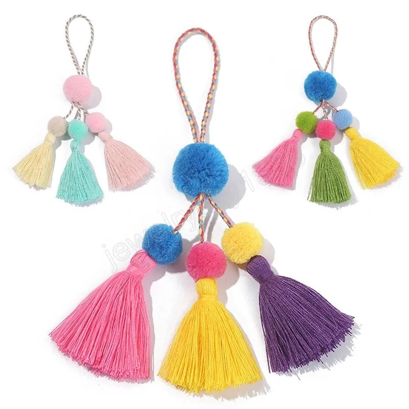 Bohemian Pom Pom Tassel Keychain Fake Rabbit Päls Boll Pendant Key Chain Rings ull fransar fluffig Keyring Charms Bag smycken