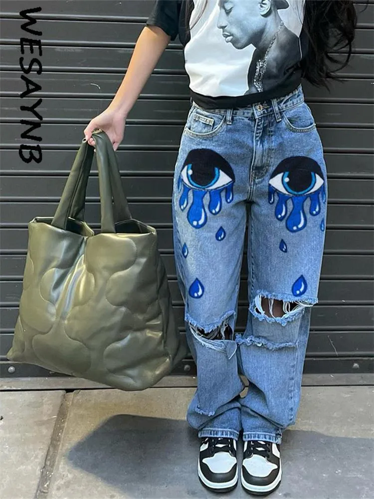 Jeans de mujer Otoño al por mayor y2k ropa casual jeans pantalones de mujer cintura alta bolsillo estampado denim Pantalones bolsillo pantalones 230520