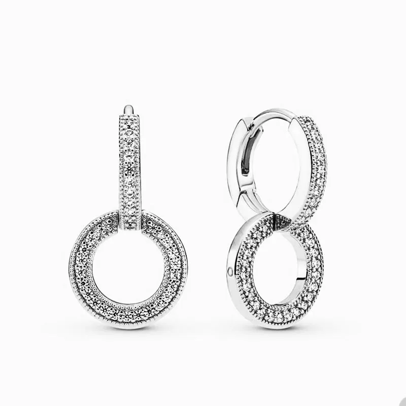 Sparkling Double Circle Hoop Earrings for Pandora Authentic Sterling Silver Wedding Earring designer Jewelry For Women Crystal diamond earring with Original Box