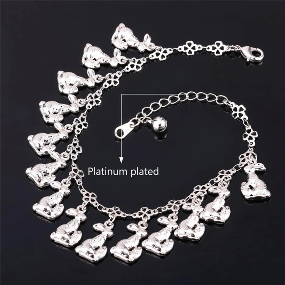 Mulheres Lively Rabbits Charms Tornozelo Correnturas 18K Jóias de Platina Real Platinum para Meninas Bracelets