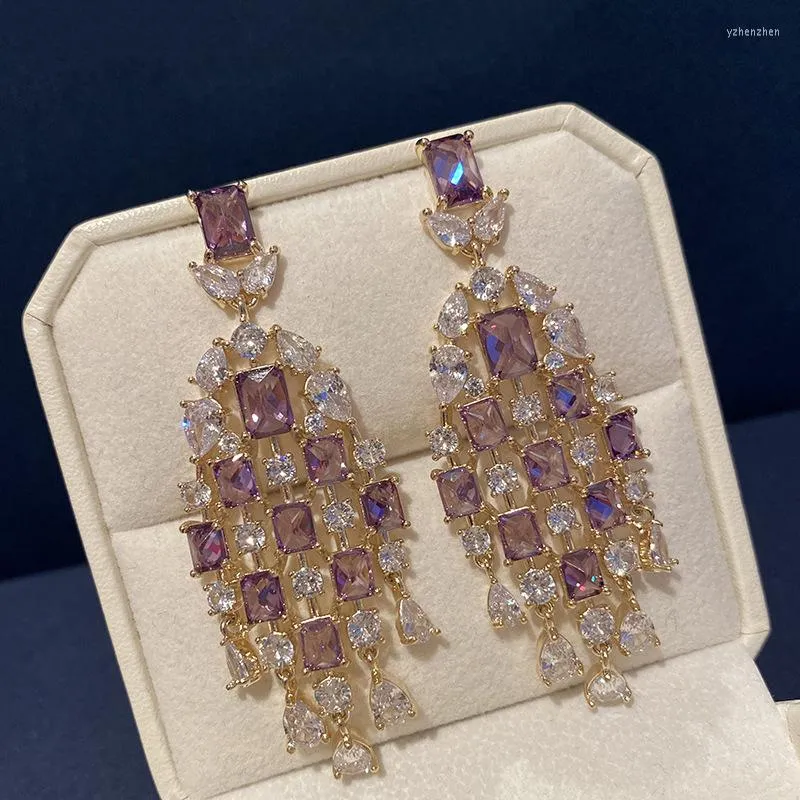 Boucles d'oreilles pendantes 2023 exquises femmes longue gland brillant violet clair Zircon festonné boucle d'oreille dames couleur argent fête bijoux