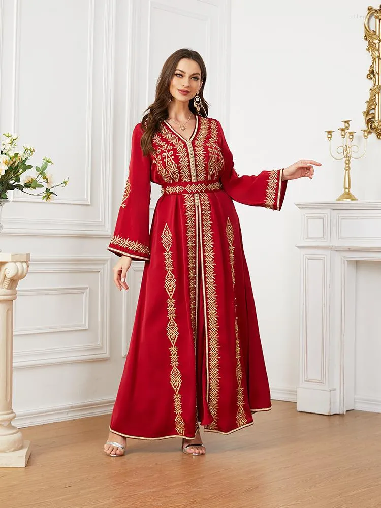 Ethnic Clothing Red Kaftan Wedding Morocco Caftan Dubai Turkey Ramadan Women Long Dress Elegant Beads With Belt Fashion Female