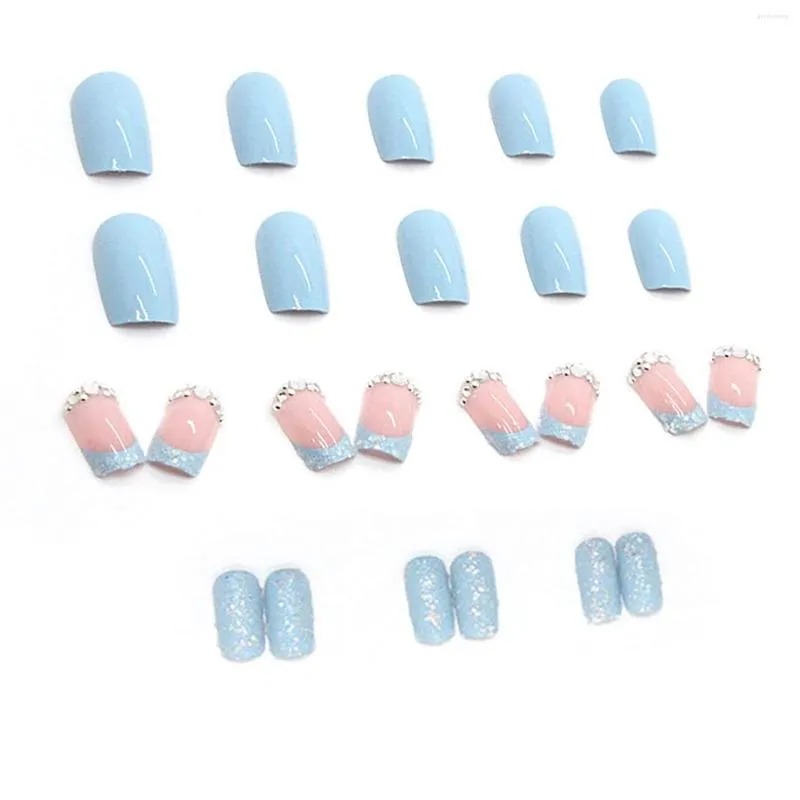 False Nails 24pcs Glitter Diamante Women Art Short French Tip Trendy Artificial Different Sizes DIY Square Fingernails Glossy