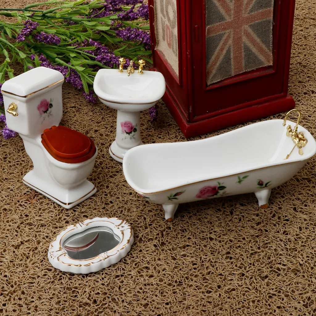 1/12 Dollhouse Mini Furniture Ceramic Bathroom Set Toilet Bathtub & Sink #5