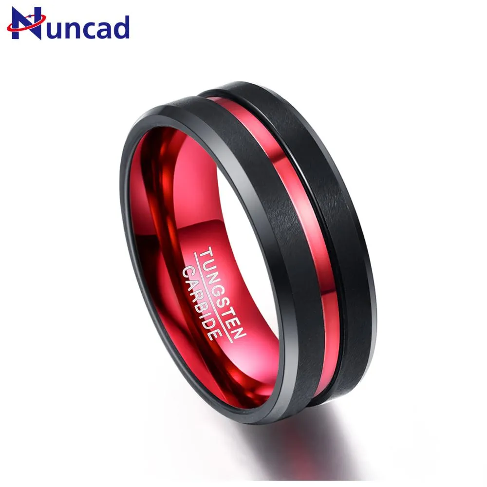 Anéis Nuncad New Hot Sell Sell Men 8mm preto e vermelho tungstênio anel de tungstênio acabamento fosco de acabamento chanfrado tamanho 7 a 16 jóias de qualidade aaa