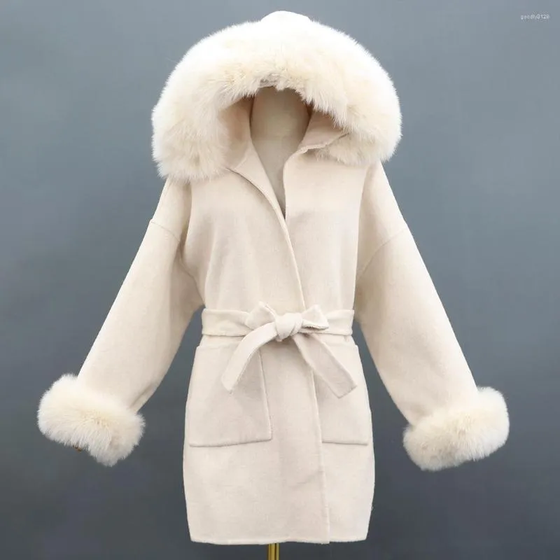 Wollen jassen voor dames voor vrouwen 2023 jas met echte bont kraag casual mode losse riem kasjmier herfstjack