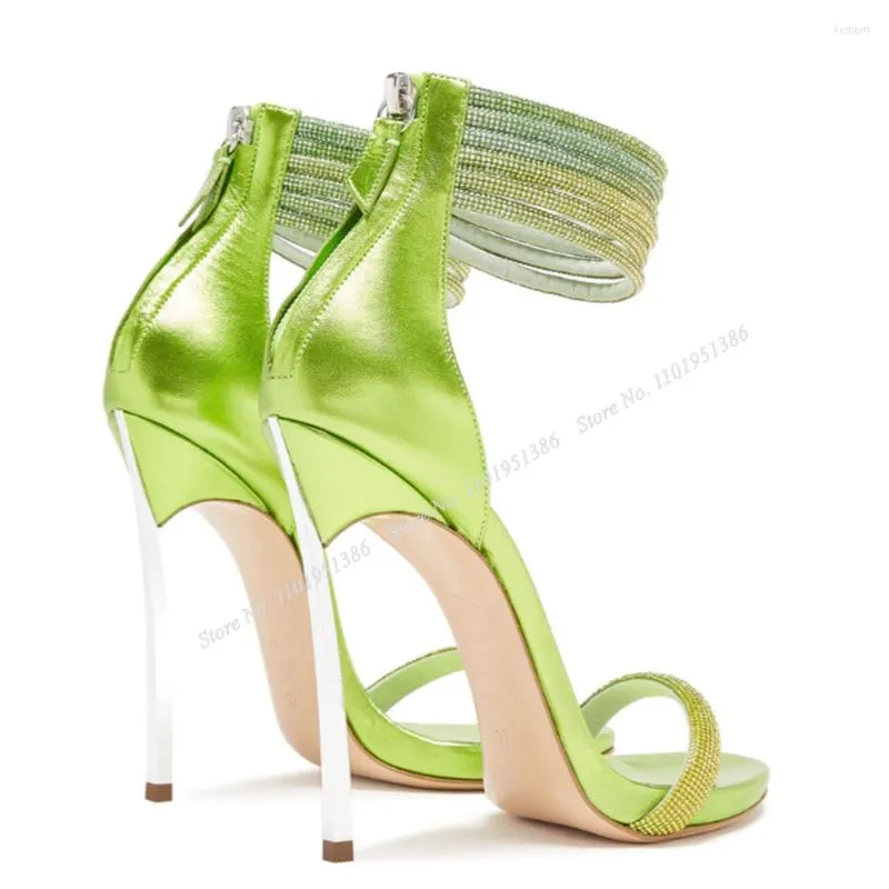 Сандалии Abesire Green Metal Heel Crystal Back Back Lockper High Open Toe Shoes для женщин на каблуках zapatillas mujer