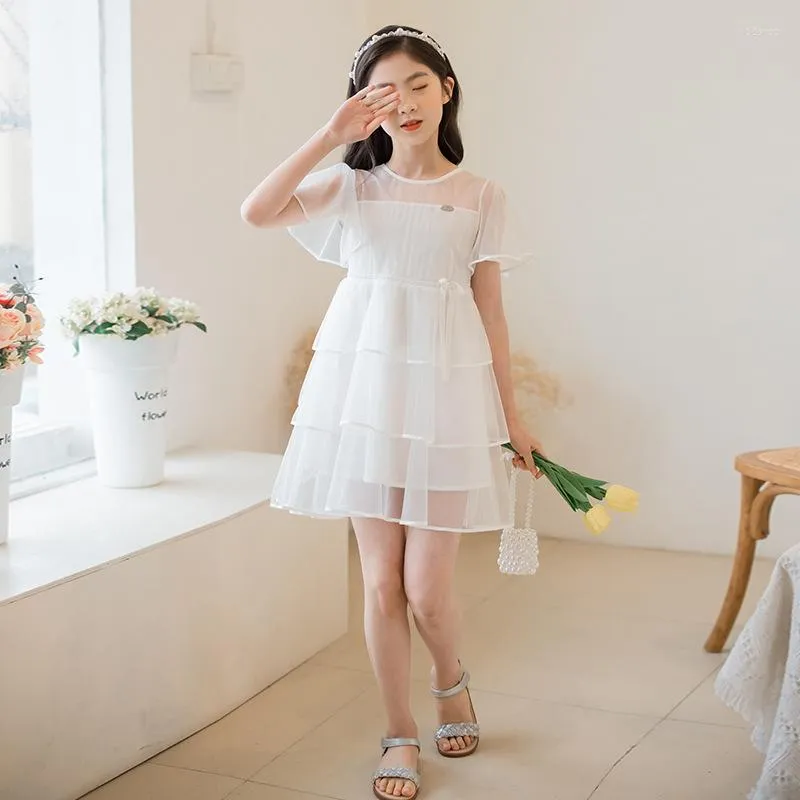 Girl Dresses Girls Summer Dress 2023 Kids Ruffle Mesh Princess White Puffy Cake Children First Communion 8 10 12 Years