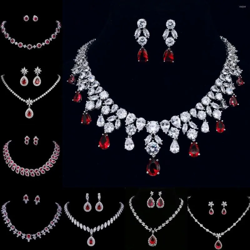 Necklace Earrings Set CANPEL 2023 Fashion Jewelry Wedding Party Water Drop Red Zircon Crystal For Women Luxury Valentine's Day Gift