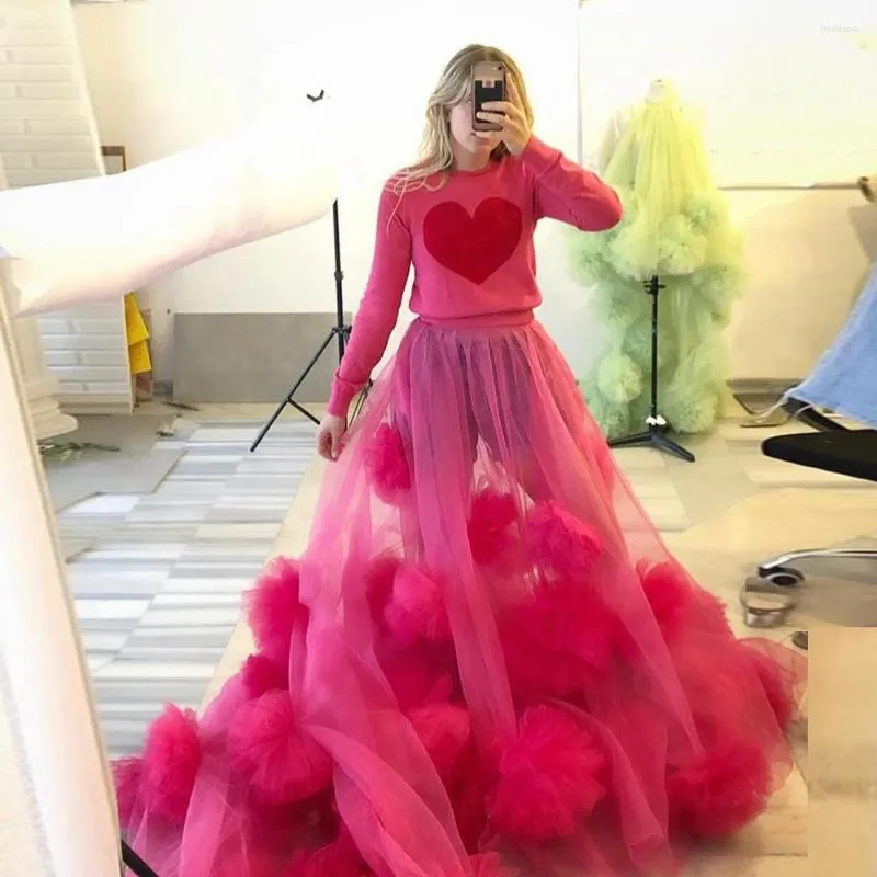 Skirts Beautiful Rose Red Balls Ruffle Tulle Women 2023 Big Under