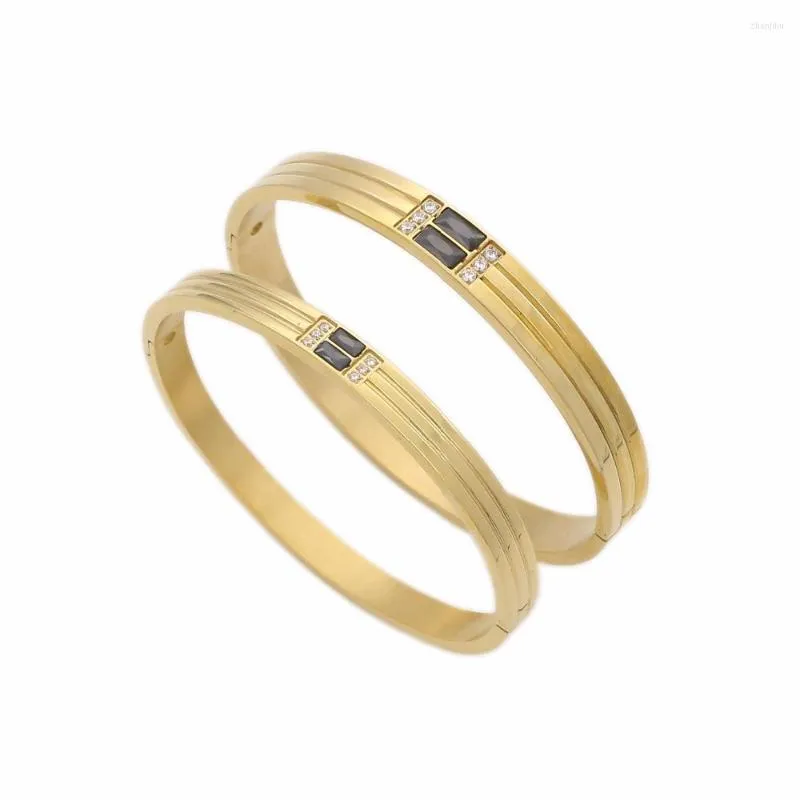 Bangle Design Fashion Bracelet Men/Women Love Couple Gold Color Stainless Steel Black Stone For Lover's Jewelry