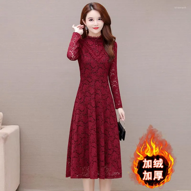 Casual Dresses 2023 Spring Autumn Femme Vintage Lace Mid Length Women Elegant Bodycon Party Dress Ladies Long Sleeve Vestidos H2044