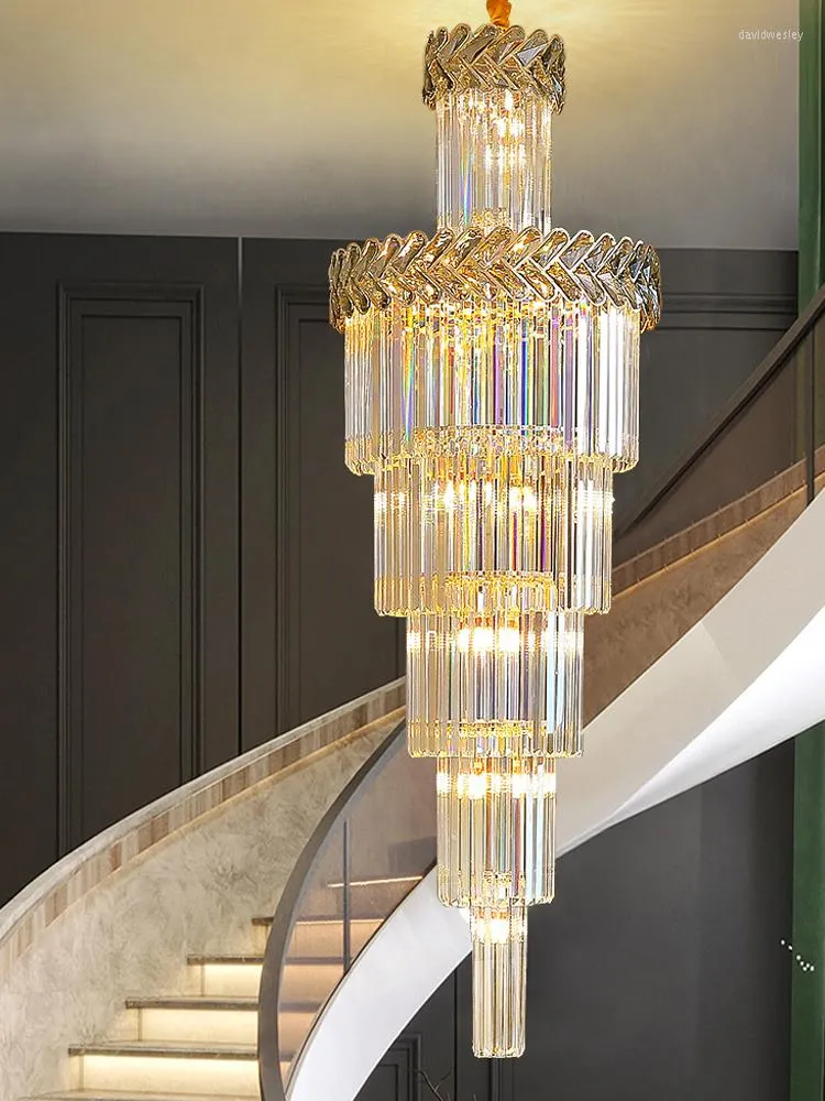 Kronleuchter Moderne LED-Kristall-Kronleuchter Gold Home Decor El Lobby Leuchte Innen Lange Salon Treppe Spirale Suspension Luminaria